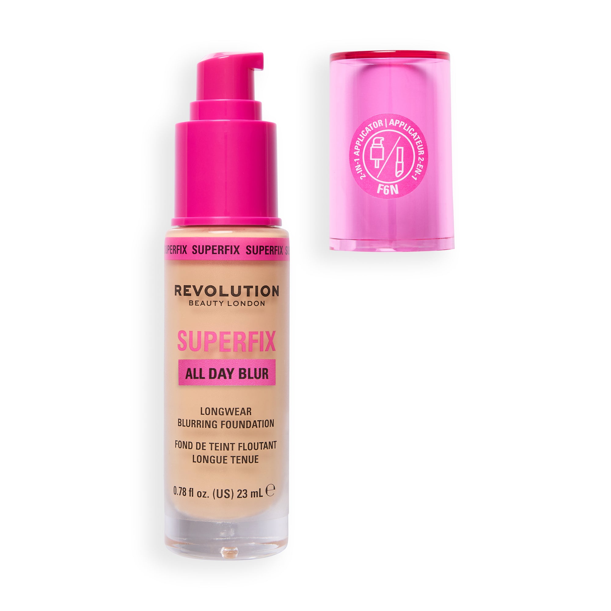Revolution Superfix Blur Longwear Foundation in a bottle with pink pump, designed for all-day blur and longwear coverage.