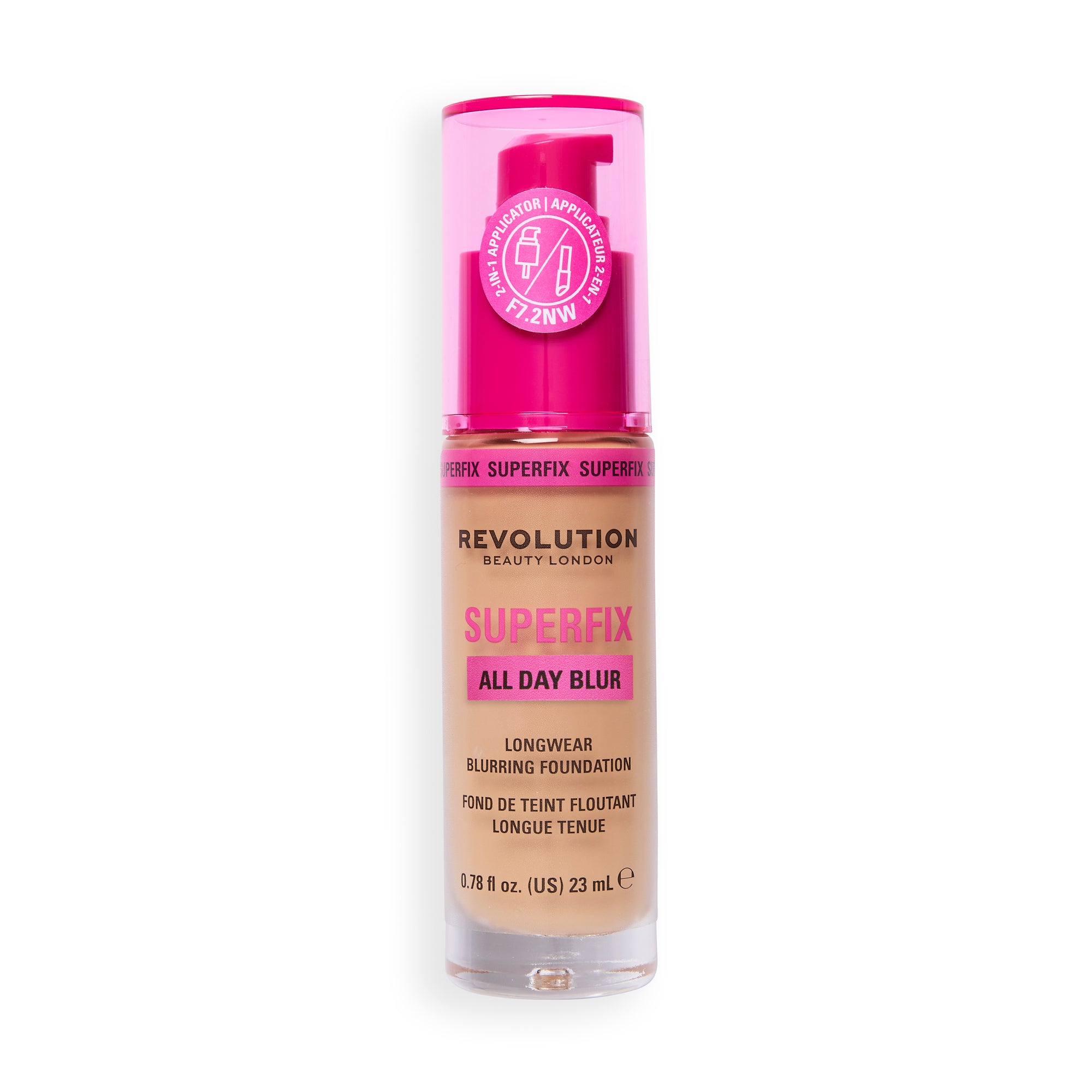 Revolution Superfix Blur Longwear Foundation F7.2NW bottle with pink cap showcasing skin-perfecting formula.