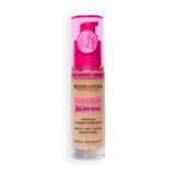 Revolution Superfix Blur Longwear Foundation F7.2NW bottle with pink cap showcasing skin-perfecting formula.