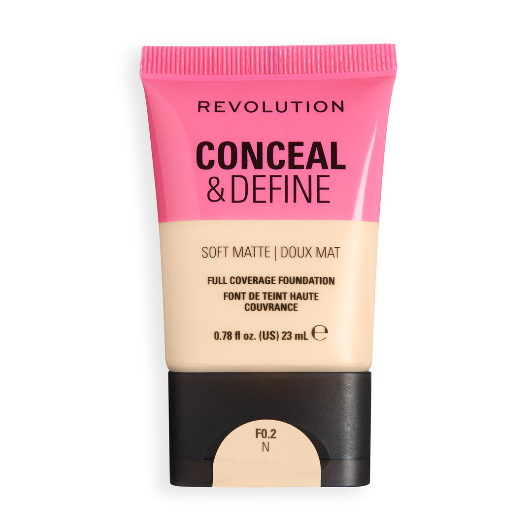 Revolution Conceal & Define Soft Matte Tube Foundation in shade F0.2N for full coverage and soft matte finish.