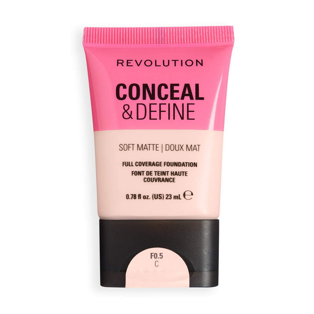 Revolution Conceal & Define Soft Matte Tube Foundation in shade F0.5C, featuring full coverage and a smooth matte finish.
