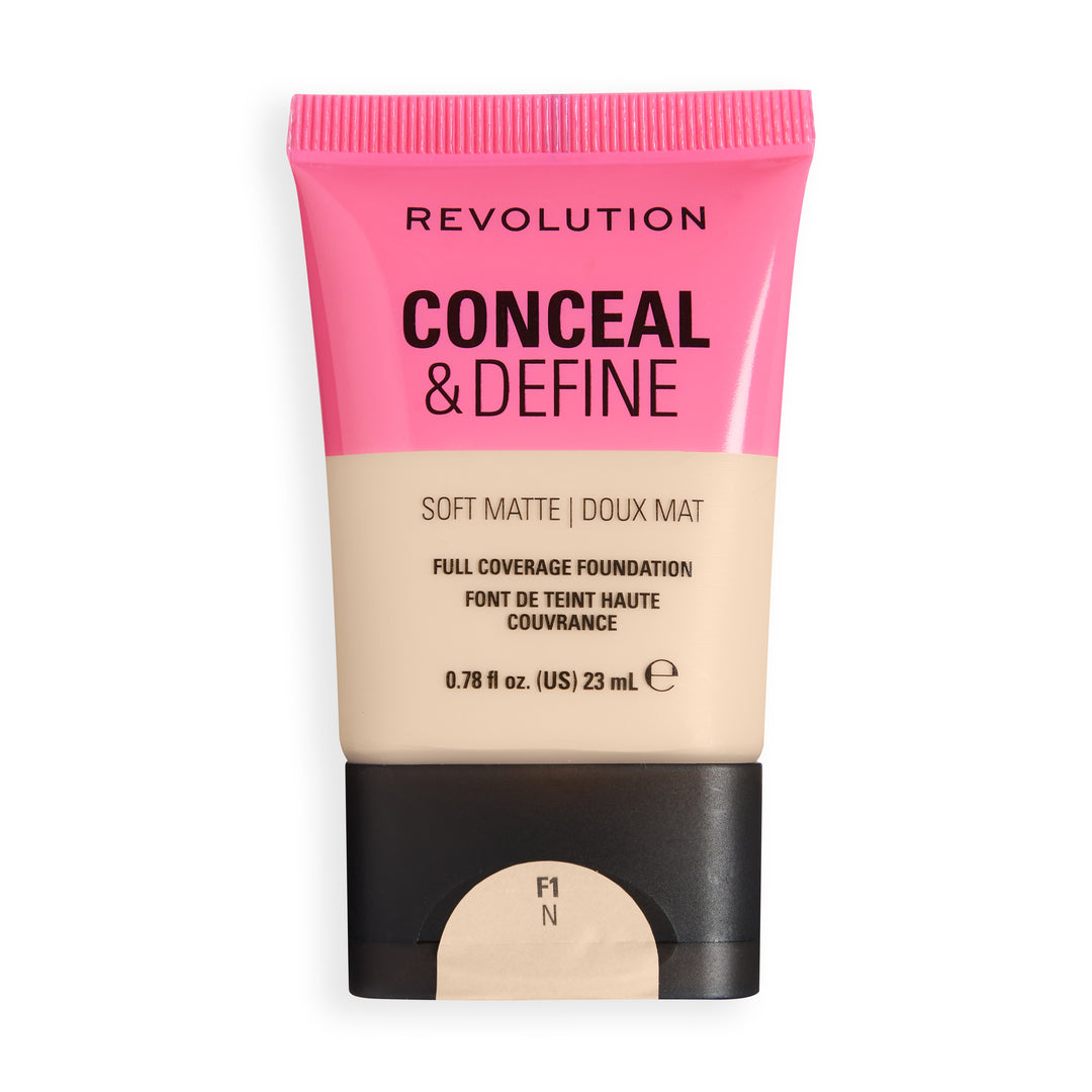 Revolution Conceal & Define Soft Matte Tube Foundation in shade F1N, offering full coverage and a smooth matte finish.