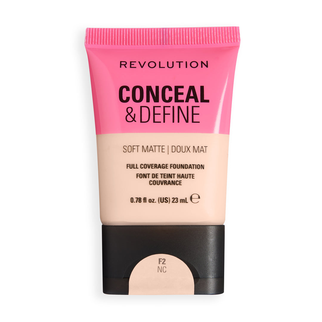 Revolution Conceal & Define Soft Matte Tube Foundation in shade F2NC, showcasing full coverage and a smooth matte finish.