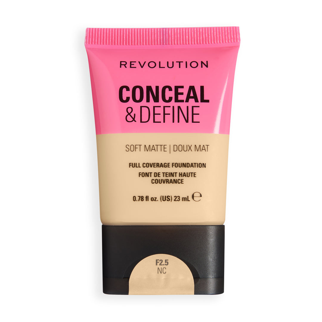 Revolution Conceal & Define Soft Matte Tube Foundation in shade F2.5NC delivering full coverage with a smooth matte finish.