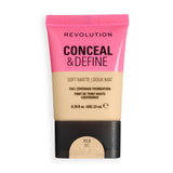 Revolution Conceal & Define Soft Matte Tube Foundation in shade F2.5NC delivering full coverage with a smooth matte finish.