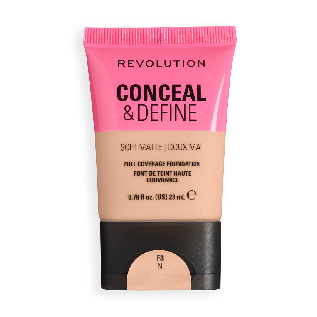 Revolution Conceal & Define Soft Matte Tube Foundation in color F3N for a full-coverage, smooth matte finish.