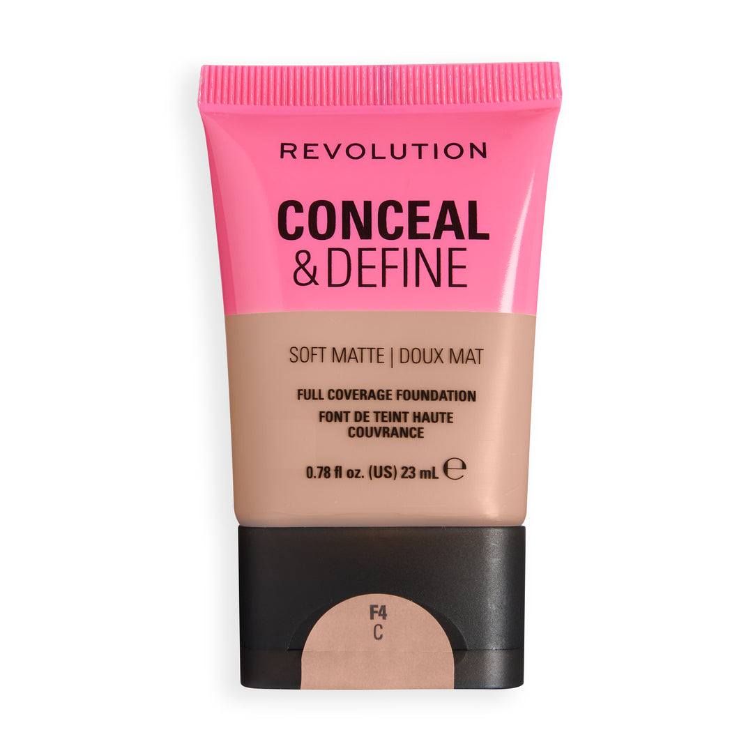 Revolution Conceal & Define Soft Matte Tube Foundation in shade F4C, full coverage foundation with a soft matte finish.