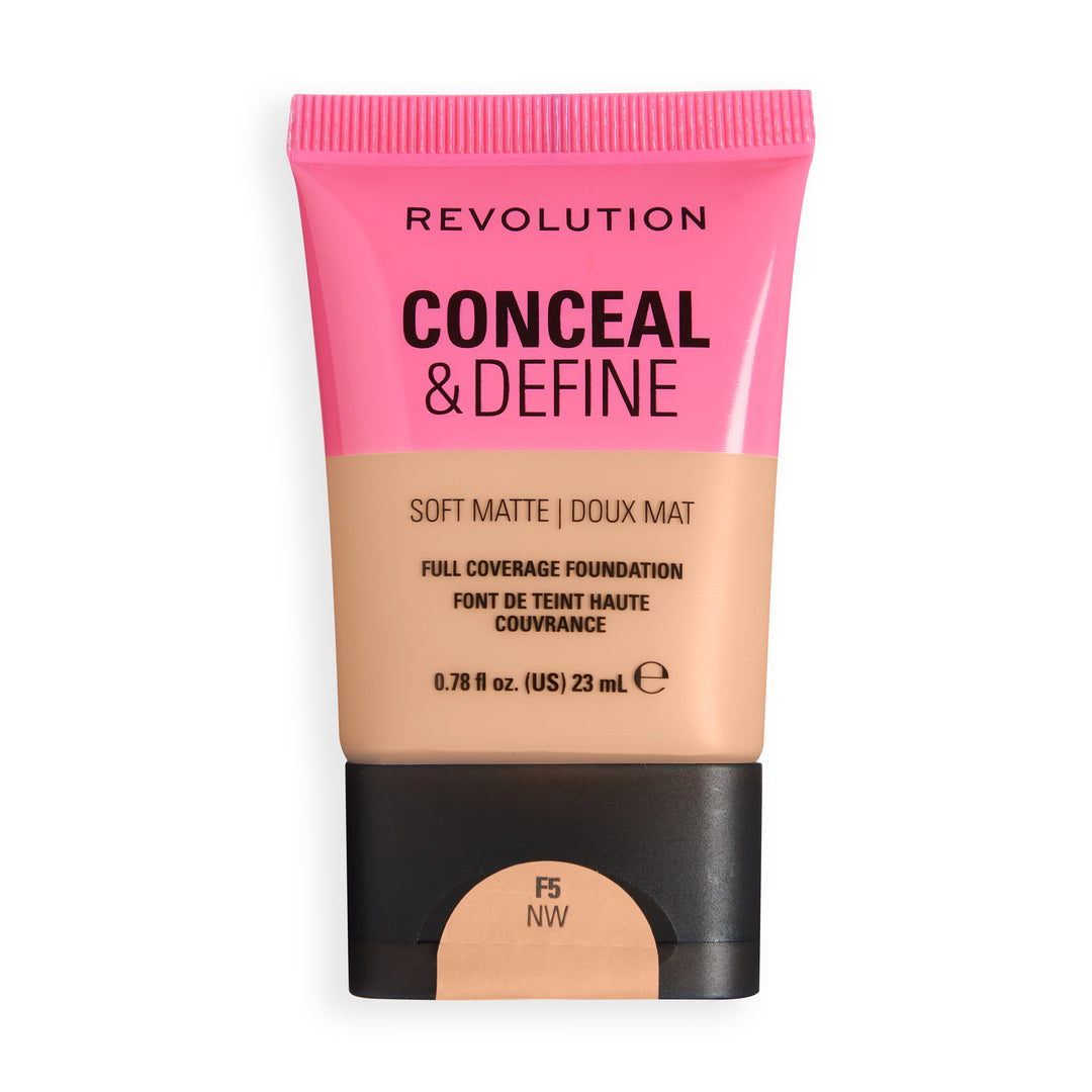 Revolution Conceal & Define Soft Matte Tube Foundation in F5NW with full coverage formula for a smooth matte finish.