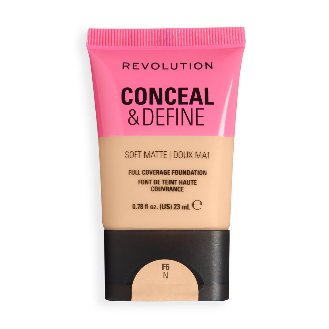 Revolution Conceal & Define Soft Matte Tube Foundation in F6N showcasing full coverage and soft matte finish.
