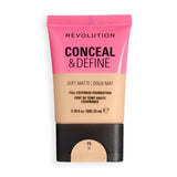 Revolution Conceal & Define Soft Matte Tube Foundation in F6N showcasing full coverage and soft matte finish.