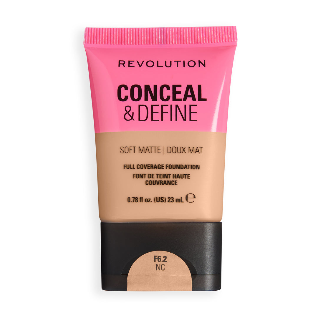 Revolution Conceal & Define Soft Matte Tube Foundation in F6.2NC showcasing full coverage and smooth matte finish.