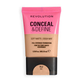 Revolution Conceal & Define Soft Matte Tube Foundation in F6.2NC showcasing full coverage and smooth matte finish.