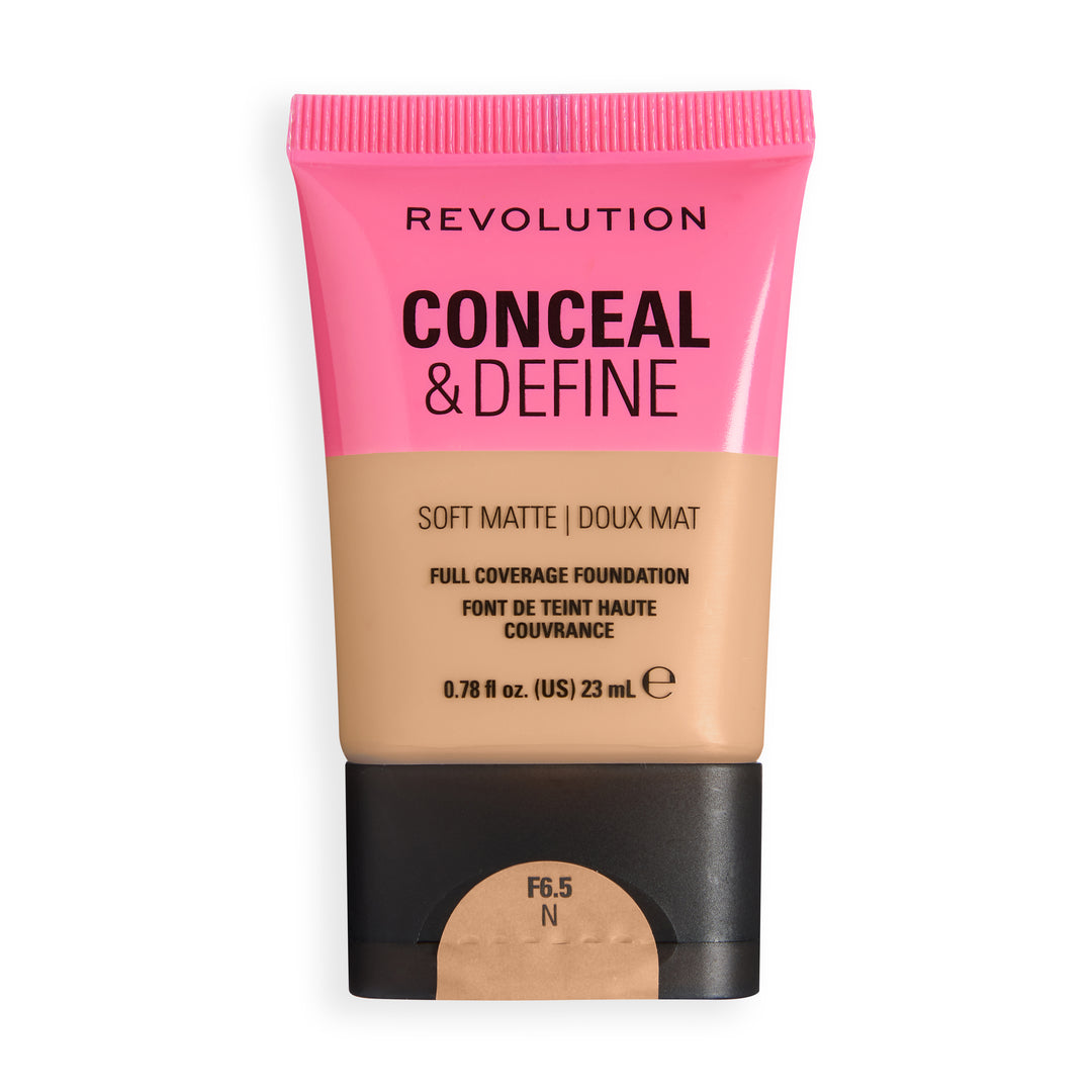 Revolution Conceal & Define Soft Matte Tube Foundation in shade F6.5N with a soft matte finish for full coverage wear.