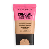 Revolution Conceal & Define Soft Matte Tube Foundation in shade F6.5N with a soft matte finish for full coverage wear.