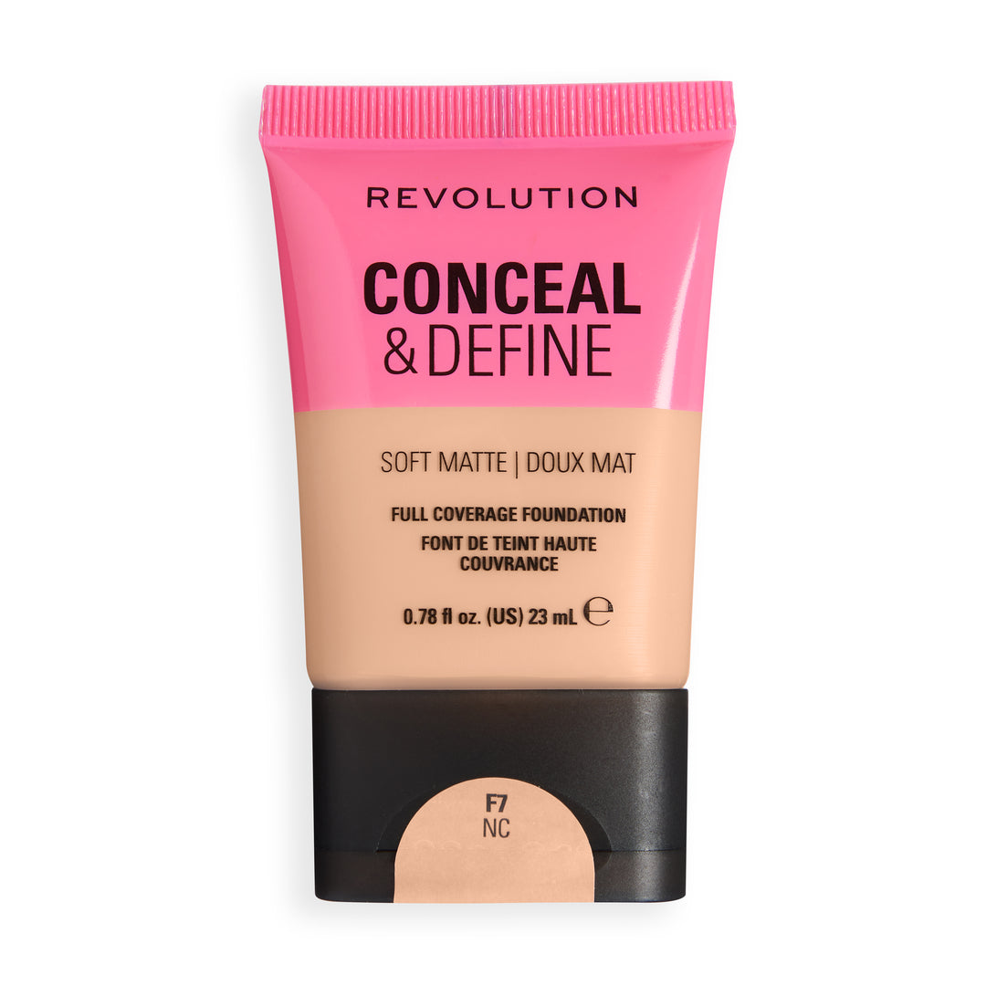 Revolution Conceal & Define Soft Matte Tube Foundation in shade F7NC, offering full coverage with a smooth matte finish.