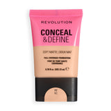 Revolution Conceal & Define Soft Matte Tube Foundation in shade F7NC, offering full coverage with a smooth matte finish.