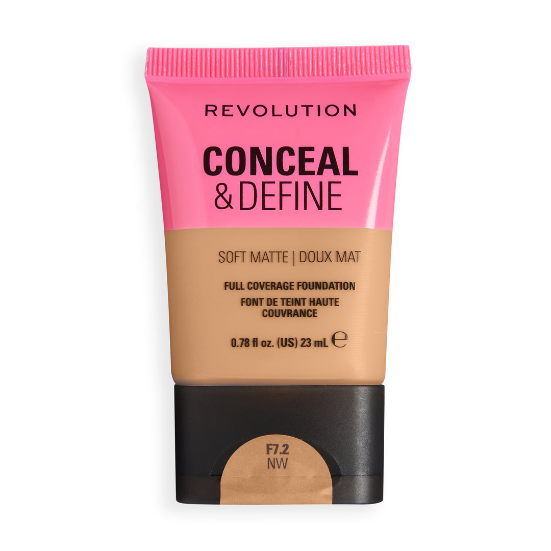 Revolution Conceal & Define Soft Matte Tube Foundation F7.2NW, full coverage with a smooth soft matte finish.