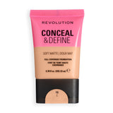 Revolution Conceal & Define Soft Matte Tube Foundation in shade F8C, full-coverage formula with a soft matte finish.
