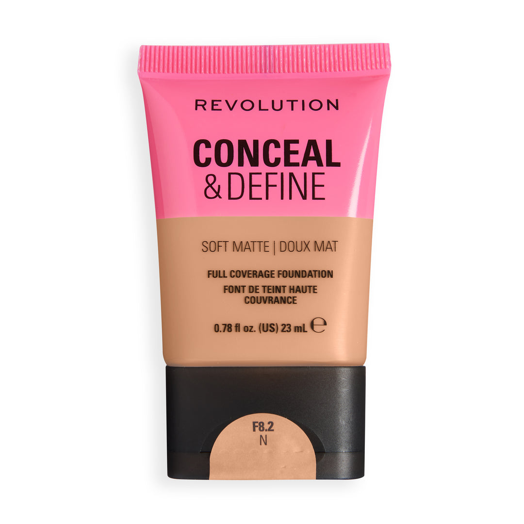 Revolution Conceal & Define Soft Matte Tube Foundation in F8.2N, featuring a full coverage formula for a smooth matte finish.