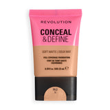 Revolution Conceal & Define Soft Matte Tube Foundation in F8.2N, featuring a full coverage formula for a smooth matte finish.