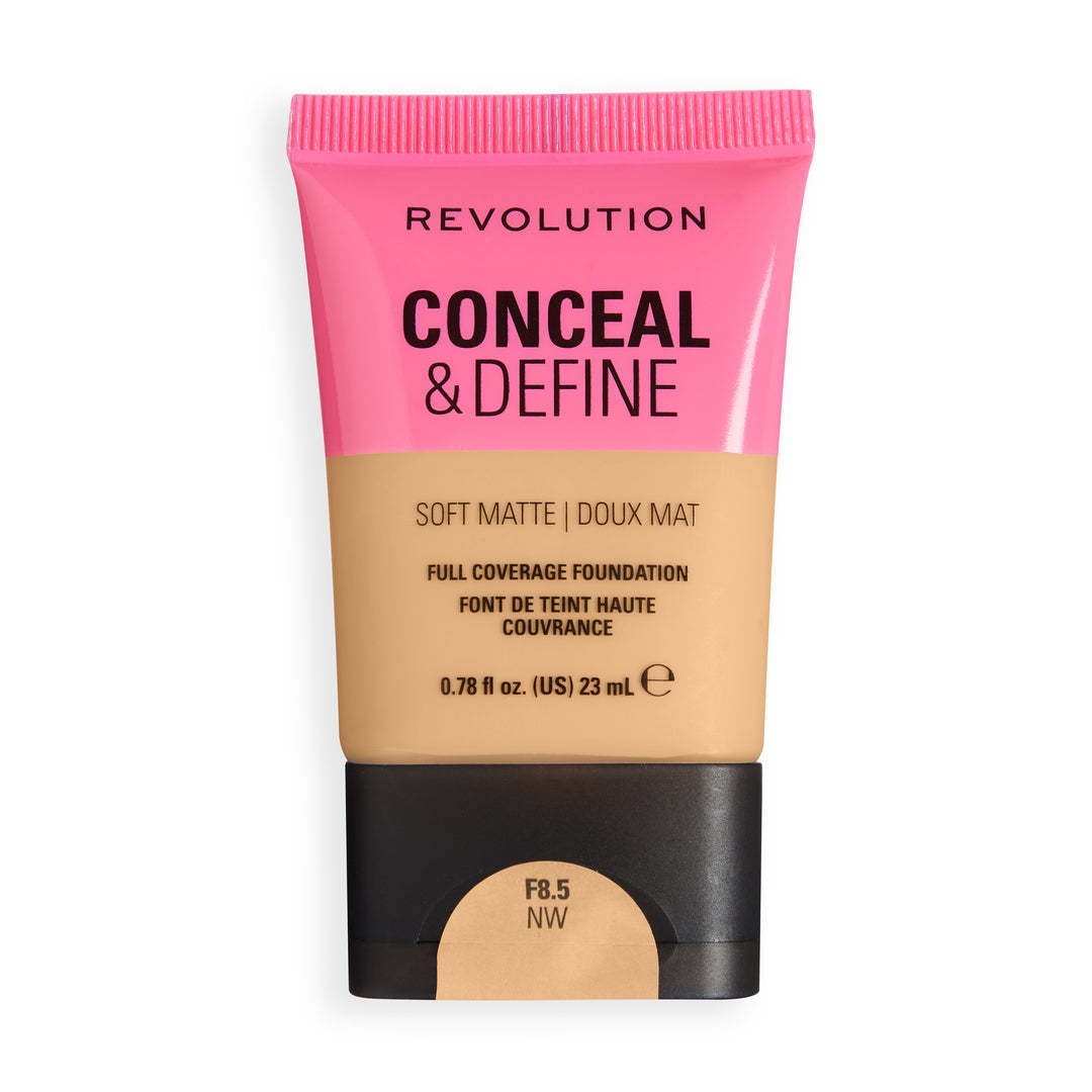 Revolution Conceal & Define Soft Matte Tube Foundation in shade F8.5NW, full coverage foundation with a soft matte finish.