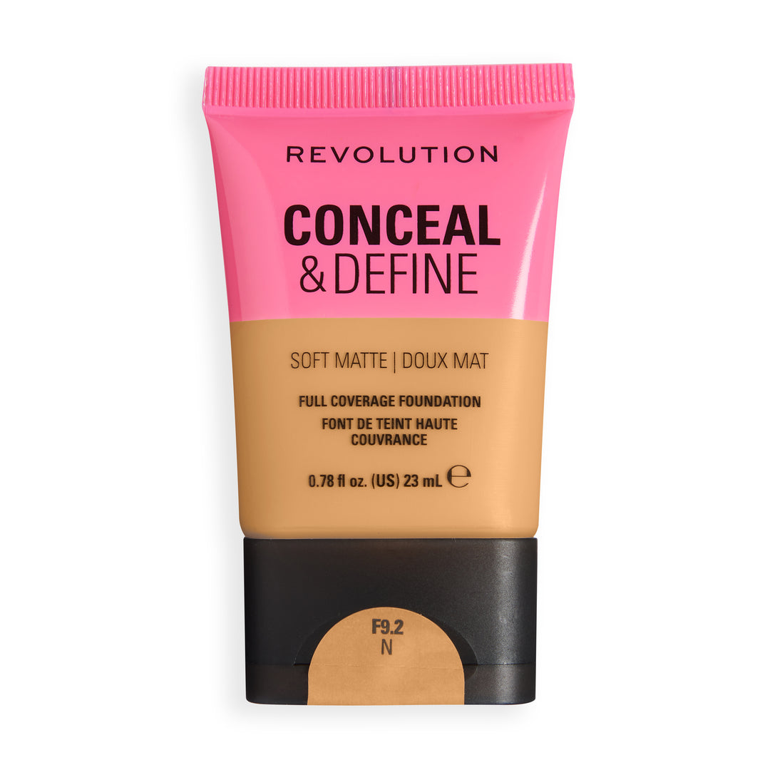 Revolution Conceal & Define Soft Matte Tube Foundation F9.2N featuring a full-coverage formula with a soft matte finish.