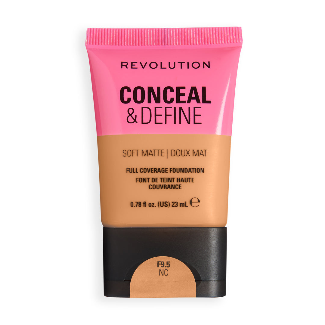 Revolution Conceal & Define Soft Matte Tube Foundation in shade F9.5NC, full coverage with a smooth matte finish.