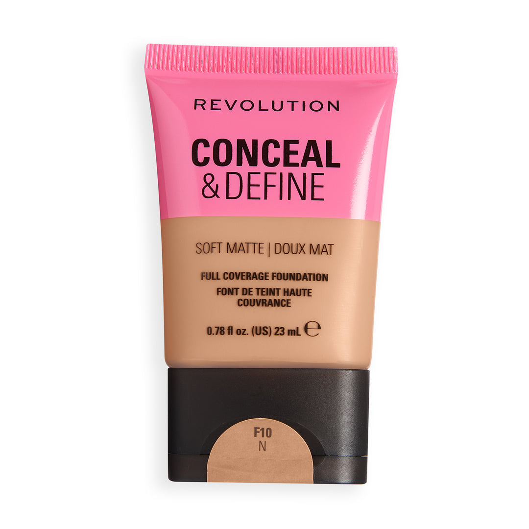 Revolution Conceal & Define Soft Matte Tube Foundation in F10N shade with full coverage and soft matte finish.