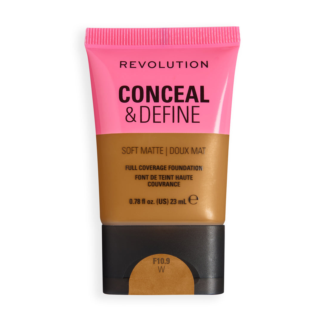 Revolution Conceal & Define Soft Matte Tube Foundation in shade F10.9W, full-coverage foundation with soft matte finish.