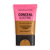 Revolution Conceal & Define Soft Matte Tube Foundation in shade F10.9W, full-coverage foundation with soft matte finish.