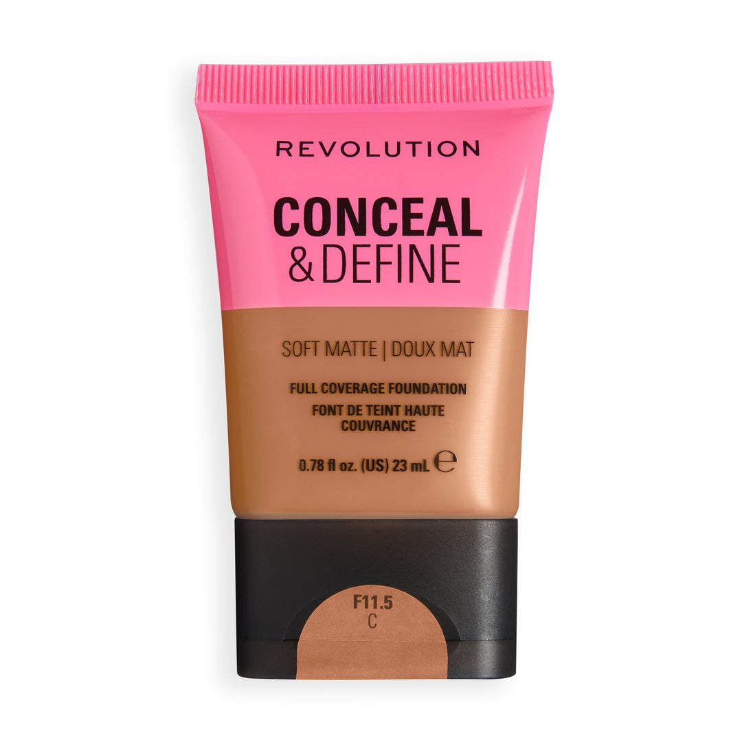 Revolution Conceal & Define Soft Matte Tube Foundation in shade F11.5C, full-coverage formula for smooth matte finish.