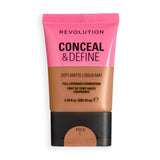 Revolution Conceal & Define Soft Matte Tube Foundation in shade F11.5C, full-coverage formula for smooth matte finish.