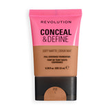 Revolution Conceal & Define Soft Matte Tube Foundation in F12C, full coverage formula with a smooth soft matte finish.