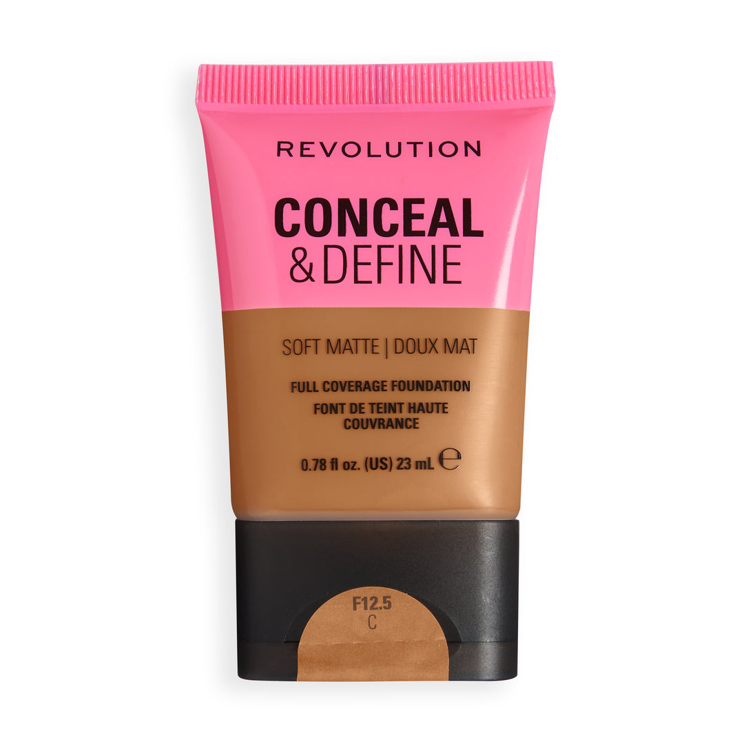 Revolution Conceal & Define Soft Matte Tube Foundation in shade F12.5C, showcasing full coverage and soft matte finish.