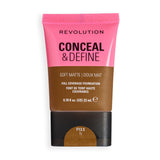 Revolution Conceal & Define Soft Matte Tube Foundation F13.5N showcasing full coverage formula in sleek packaging.