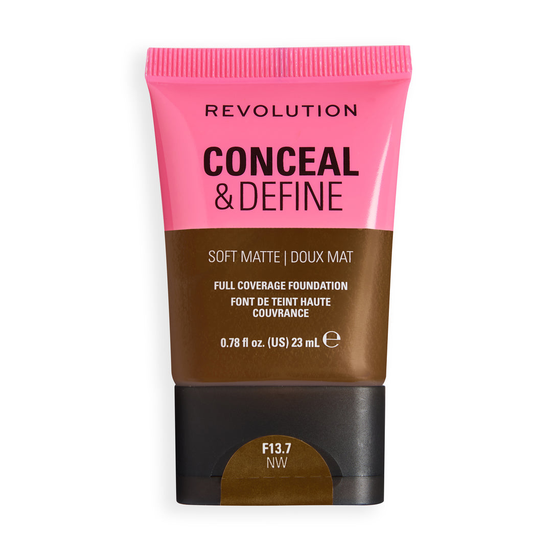 Revolution Conceal & Define Soft Matte Tube Foundation in F13.7NW, offering full coverage with a smooth soft matte finish.