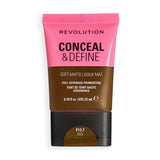 Revolution Conceal & Define Soft Matte Tube Foundation in F13.7NW, offering full coverage with a smooth soft matte finish.