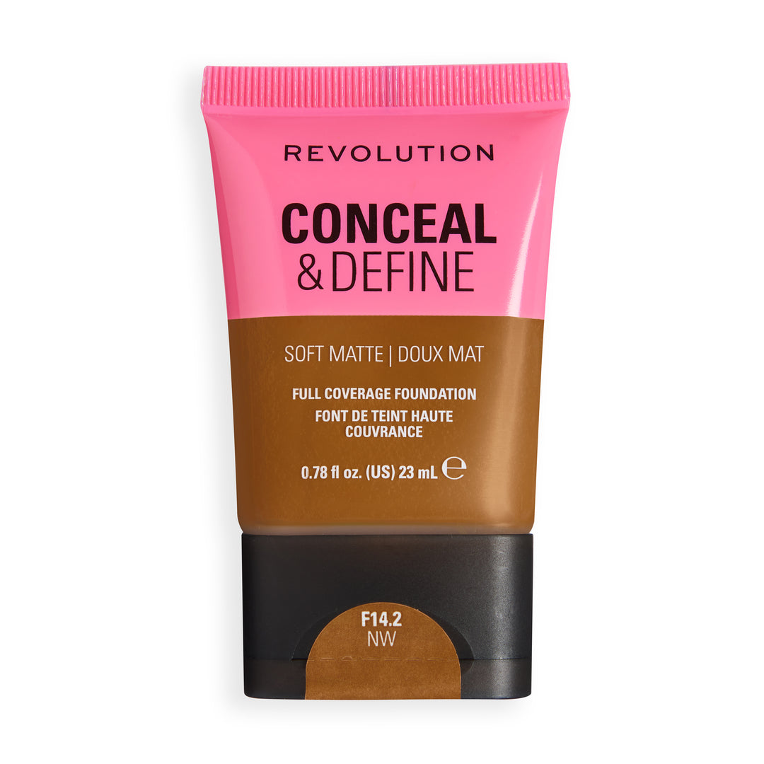 Revolution Conceal & Define Soft Matte Tube Foundation in shade F14.2NW, offering full coverage and a smooth matte finish.