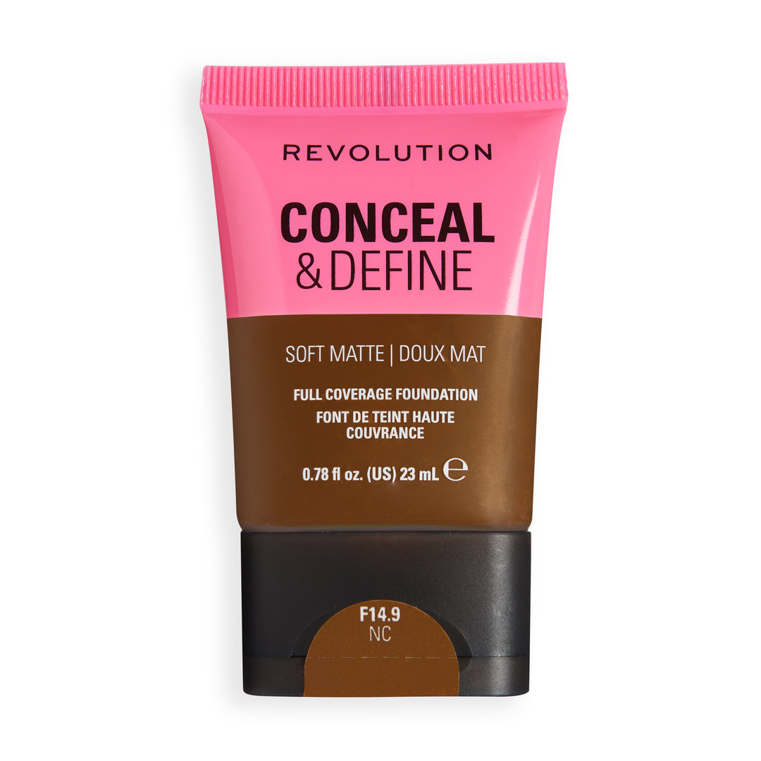 Revolution Conceal & Define Soft Matte Tube Foundation in shade F14.9NC with full coverage and soft matte finish.