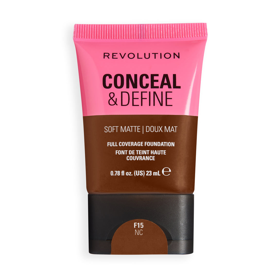 Revolution Conceal & Define Soft Matte Tube Foundation F15NC, full coverage foundation with a smooth soft matte finish.