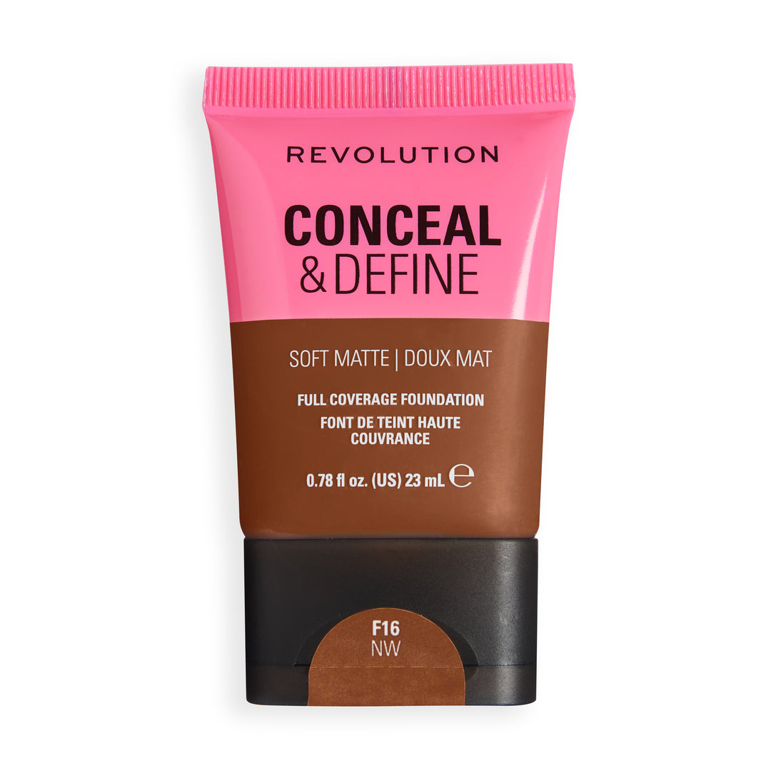 Revolution Conceal & Define Soft Matte Tube Foundation in F16NW, showcasing full coverage with a smooth matte finish.