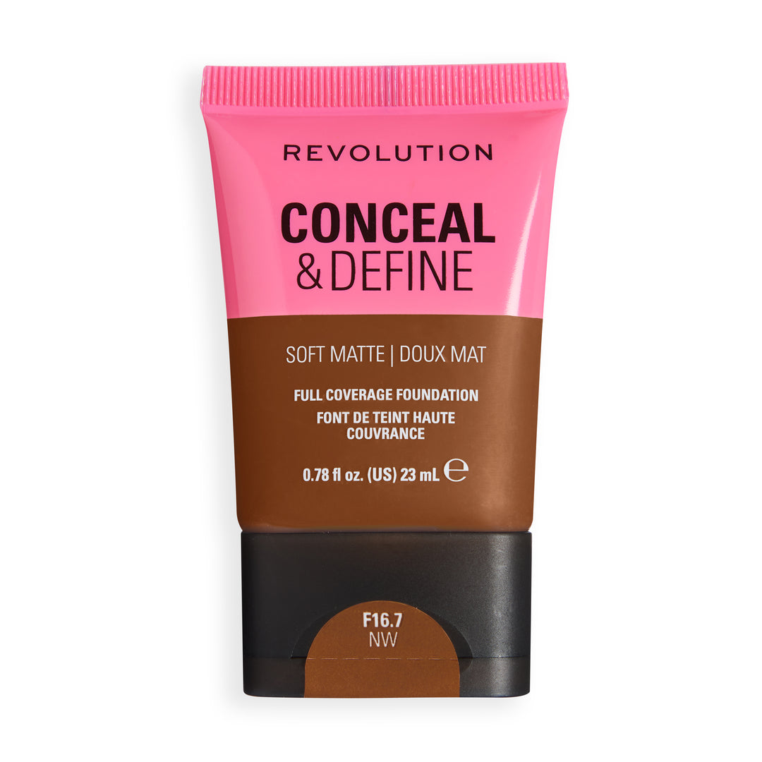 Revolution Conceal & Define Soft Matte Tube Foundation F16.7NW, full coverage formula with soft matte finish.