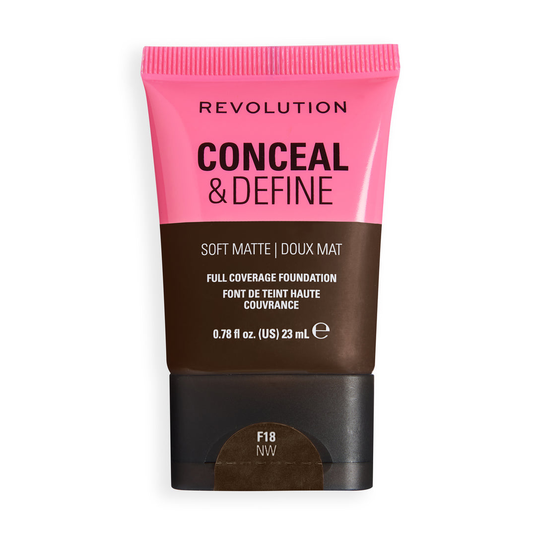 Revolution Conceal & Define Soft Matte Tube Foundation in shade F18NW for full coverage and smooth matte finish.