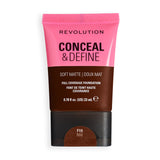 Revolution Conceal & Define Soft Matte Tube Foundation in shade F19NW, featuring full coverage and a smooth finish.
