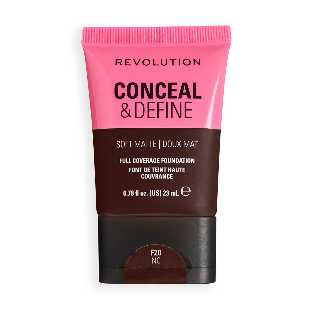 Revolution Conceal & Define Soft Matte Tube Foundation F20NC in a 23 mL tube, delivering full coverage with a smooth matte finish.
