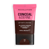 Revolution Conceal & Define Soft Matte Tube Foundation F20NC in a 23 mL tube, delivering full coverage with a smooth matte finish.
