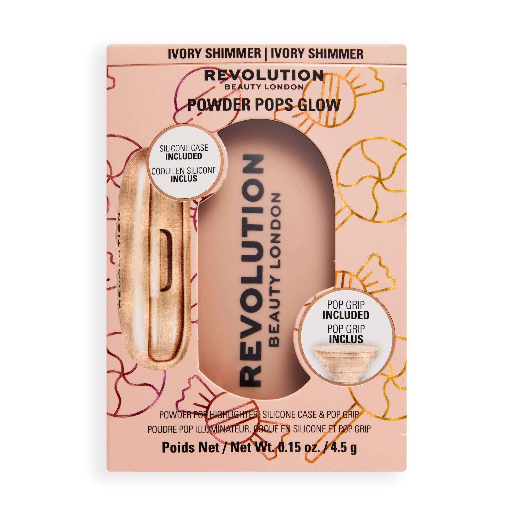 Revolution Powder Pops Glow & Pop Socket Ivory Shimmer packaging featuring silicone case and pop grip.