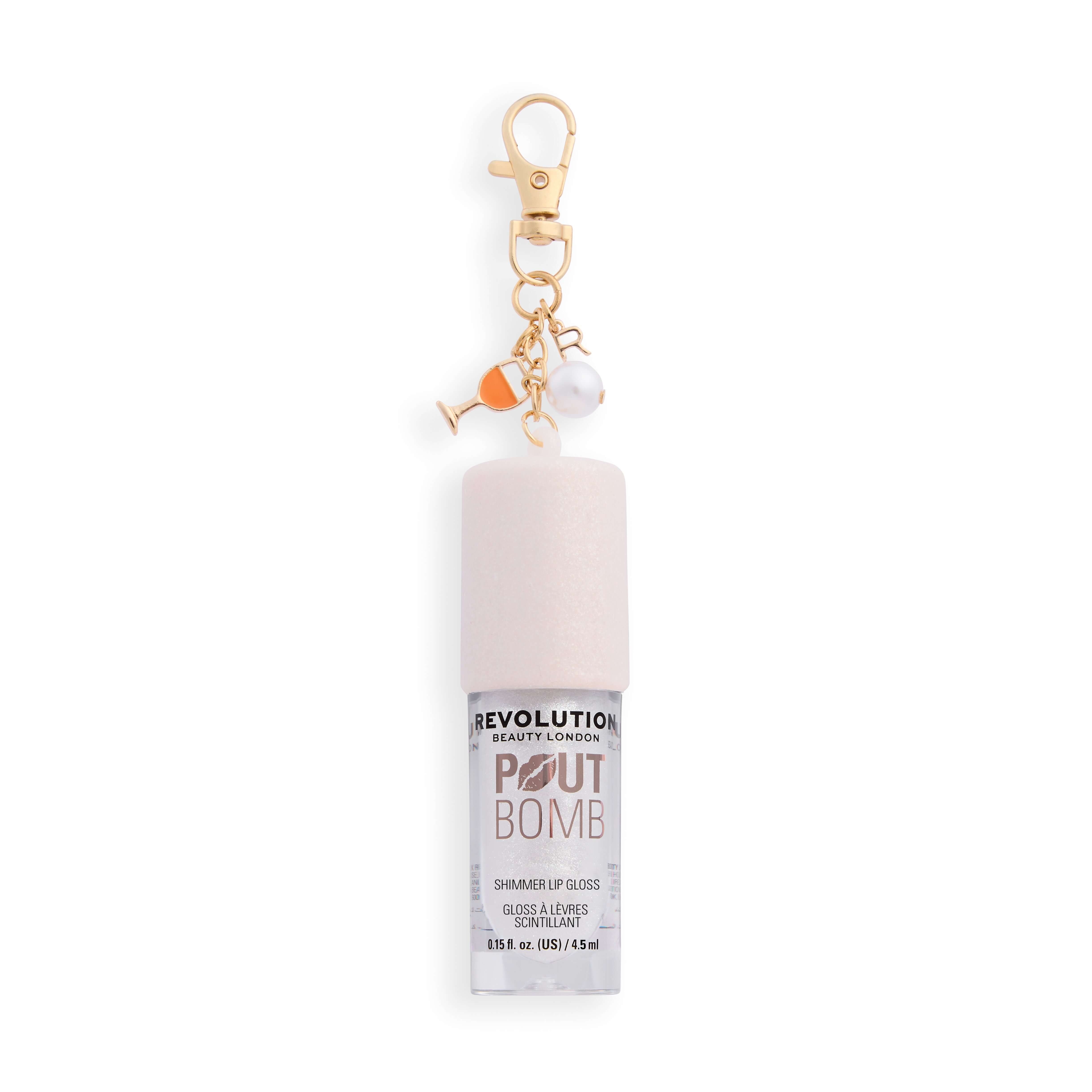 Revolution Pout Bomb Shimmer Lip Gloss in Frosted Glaze with collectible charm and glossy finish