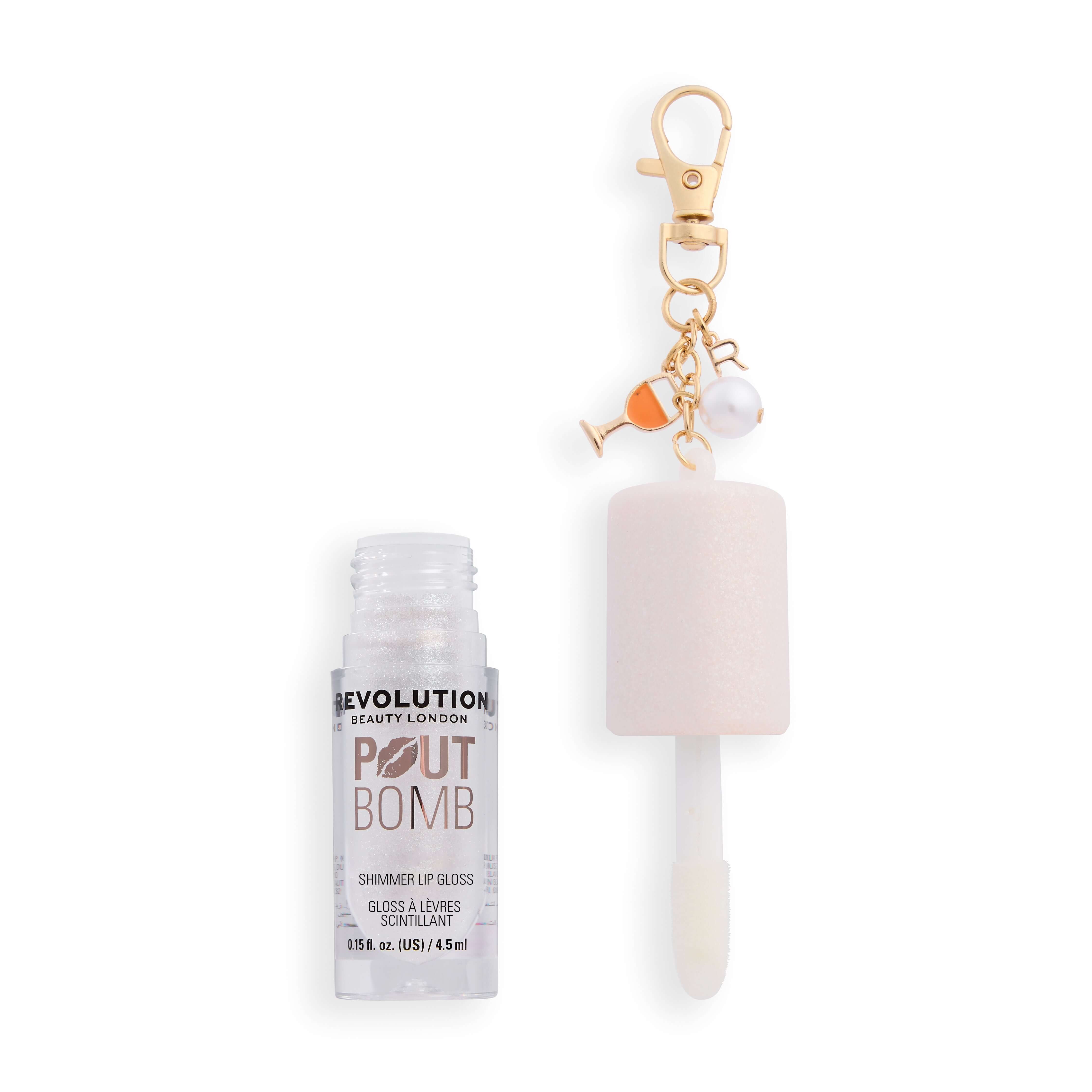 Revolution Pout Bomb Shimmer Lip Gloss with charm, showcasing sweet shimmer and glossy finish.
