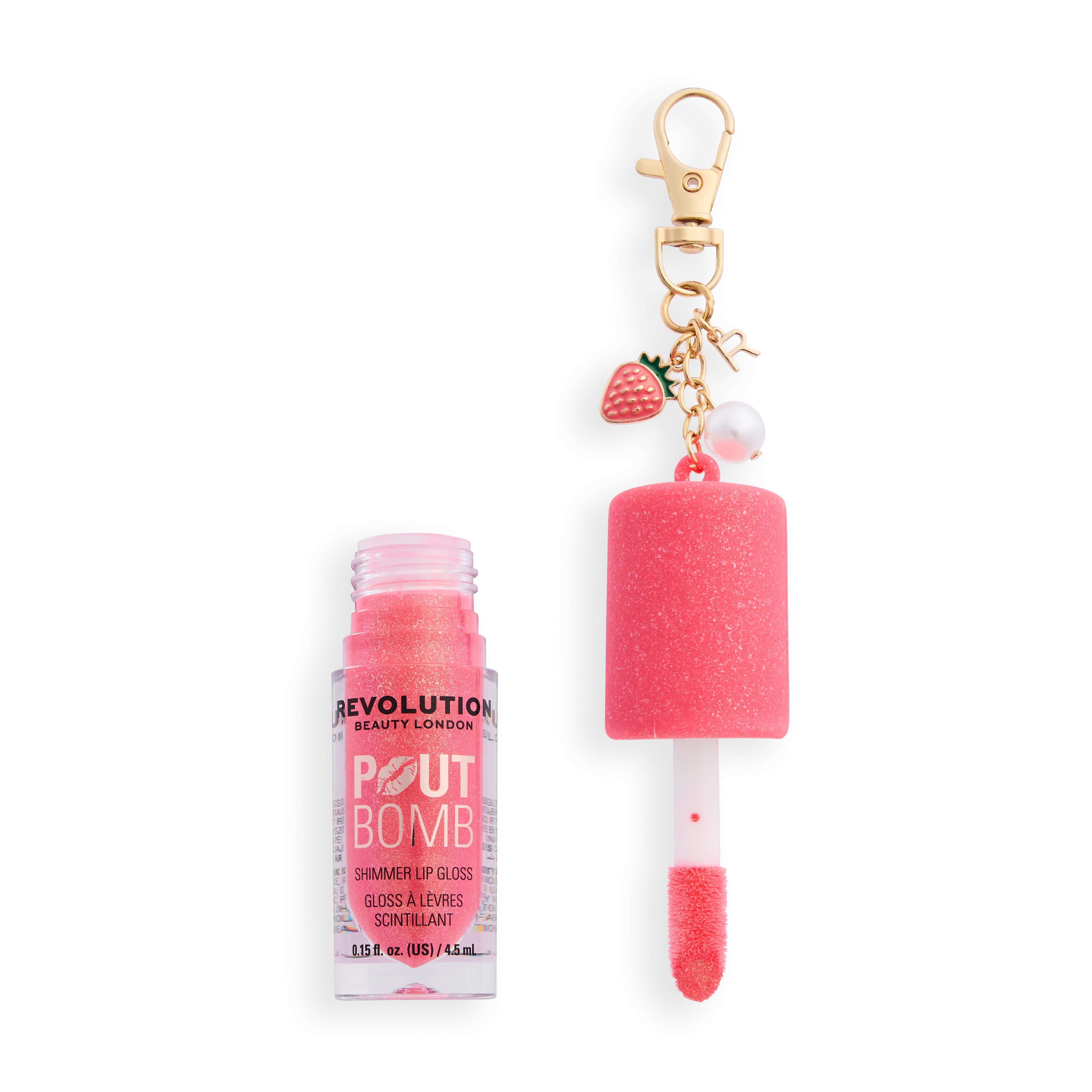Revolution Pout Bomb Shimmer Lip Gloss in pink packaging with a charm, featuring a popsicle design and glitter.